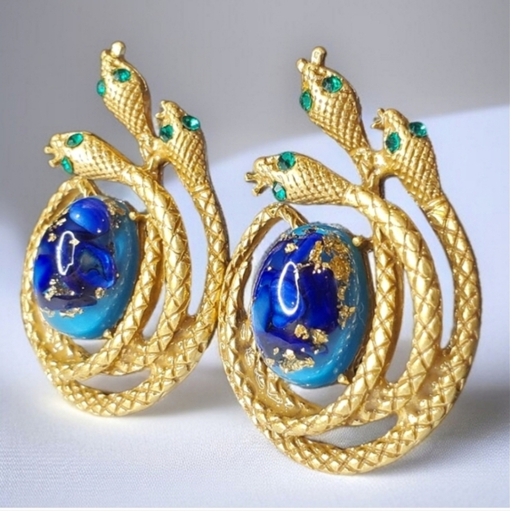 Chunky Gold Triple Coiled Snake Cabochon Crystal Earrings - Picture 2 of 4